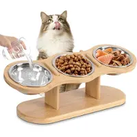 COOAU Dinerset Kat - Katten Voerbakken - Hout/RVS - incl. 3 Bakjes – 42x14x14cm