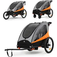 Kinderkraft NAVA 3-in-1 Fietskar, Wandel- en Hardloopwagen - Voor 1-2 Kinderen tot 60 kg - Met Luchtbanden, Vering en Snel Inklapsysteem - Oranje