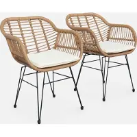 Sweeek Set van 2 wicker stoelen met bamboe effect, zwart metalen frame, afneembare hoezen, beige kussen