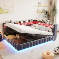 OKWISH Dagbed 140x200 met matras en LED-verlichting, gestoffeerd bed met USB- en Type-C-aansluitingen, fluweelstof, kinderbed met LED-verlichting, donkergrijs