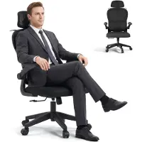 LZQ Ergonomische bureaustoel, draagvermogen 150 kg, met mesh-bekleding, hoofdsteun en lendensteun, kantelfunctie tot 125°, in hoogte verstelbaar, inklapbare armleuningen, kledingrek, zwart