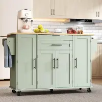 OKWISH Keukenkast - Mobiele Keukeninsel Met Uitschuifbaar Werkblad - 136 x 70 x 92 cm - 2 Deuren En 2 Lades - MDF Antiekgroen