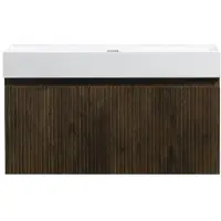 Guido Gusto Badkamermeubel Yuki 100cm walnoot inclusief wastafel robuust mat wit zonder kraangat