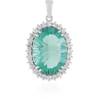 Cavill - Zilveren Hanger 925 Sterling Gerhodineerd - 14,58 Ct Groene Fluoriet Ovaal - 1,28 Ct Pavé Zirkonen - Elegante Braziliaanse Edelsteen