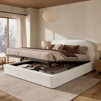 Merax Gestoffeerd bed 160 x 200 cm - met bedbodem en opbergruimte - zacht gevoerd hoofdeinde - beige - grove tweed - zonder matras