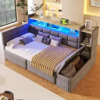 OKWISH Daybed 90x190cm – Fluwelen Slaapbank Met Ledverlichting – Met Lades, Legplank En Oplaadpunten – Zonder Matras – Donkergrijs