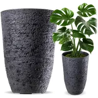 Kadax bloempot Ø 35 x H 50 cm, grote bloempot in realistische steenlook, kunststof bloempot, weerbestendige bloempot voor tuin, balkon, terras (zwart)