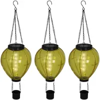 Lumineo solar luchtballon lantaarn - 3x - geel - H26 x D14 cm - kunststof - vlam effect - tuinverlichting