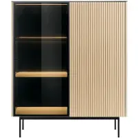 Vente-unique Vitrinekast 2 deuren met LEDs in MDF en gerookt glas - H. 127 cm - Licht naturel en Zwart - SAYERA