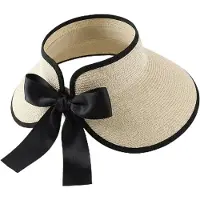 VHV - Zonneklep - Dames strohoed met brede rand en strik - Open top voor strand, wandelen en zomer - Beige
