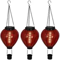 Lumineo solar luchtballon lantaarn - 3x - rood - H26 x D14 cm - kunststof - vlam effect - tuinverlichting