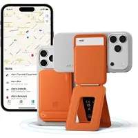 MOFT Tripod Wallet | Kaarthouder & Uitklapbare Standaard 20CM | Compatibel met MagSafe | met Zoek Mijn-App | MOVAS Vegan Leer | Magnetische Portemonnee 2 Pasjes | Oranje