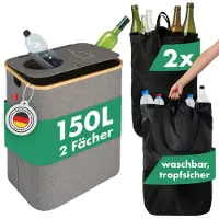 Blumtal verzamelcontainer voor statiegeldflessen, 150 liter, met 2 compartimenten - bamboe organizer voor statiegeldflessen - verzamelaar voor lege flessen - statiegeldverzamelaar in grijs