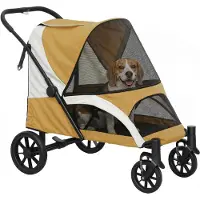 PawHut Hundewagen Hundebuggy klappbar für große Hunde & Katzen bis 30 kg Katzenbuggy mit Kissen Netzfenstern Türen Aufbewahrungstasche Katzenwagen mit Sicherheitsleinen, Bremsen, Buggy Braun