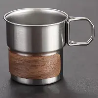 VHV - Campingbeker - RVS mok - Outdoor drinkbeker - 304 Roestvrij staal - Met houten hoes - Opvouwbaar handvat - Voor kamperen en wandelen - 330ml - 6.5*8*8.5cm - Zilver