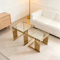 OKWISH Bijzettafel Set - 2-delig - Vierkant Design - Voor Woonkamer Slaapkamer Of Balkon - Glas En Rvs Goud Transparant