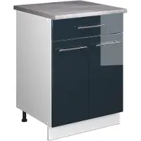 Vicco Onderkast voor spoelbak/kookplaat Fame-Line, Donkerblauw hoogglans/Wit, 60 cm met lade, WB Marmer