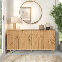 STILVORA Opbergkast 140x40x72 cm van MDF, naturel houtnerf, met deuren en verstelbare planken, goudkleurige poten