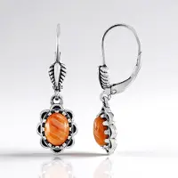 Cavill - Zilveren oorbellen - 925 Sterling Zilver Geoxideerd - Oranje Oester Cabochon 8x6 mm - Desert Chic Stijl - Mexicaanse Edelsteen - Leverback