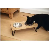 Designed By Lotte - dubbele voerbak/drinkbak voor katten en kleine hondjes - 2 RVS geborstelde bakjes in mango houten plateau en staal poten - mooi in elk interieur - 2 x 300 ml