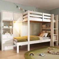 OKWISH Etagebed 90x200 cm - LED Nachtlicht met Bewegingssensor - Verspringend Design met Laden - Kinderkamer - Metaal;Hout - Wit - Zonder matras