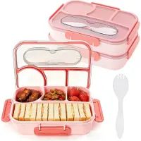 VHV - Lunchbox - Bento box - Lunchbox met vakjes - Set van 2 - Met 4 vakken - Lekvrij - Vaatwasserbestendig - Inclusief lepel - Voor werk en school - 23*17*5cm - Roze
