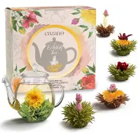 Creano Theebloemen-Mix - ErblühTee cadeauset in modern bloemendesign met glazen theepot, witte, groene & zwarte thee (6 soorten)