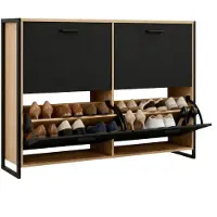 Casabel Schoenenkast met 4 neerklapbare deuren - Design schoenenkast - Opbergmeubel voor de hal met ruimte voor 24 paar schoenen - Zwart frame - Houten neerklapbare deuren