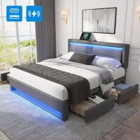 Sweiko Tweepersoonsbed - 140 x 190 cm - USB-poort - LED-verlichting - 4 lades - Zonder matras - Grijs