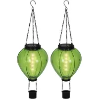 Lumineo solar luchtballon lantaarn - 2x - groen - H26 x D14 cm - kunststof - vlam effect - tuinverlichting