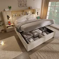HAUSS SPOLE Gestoffeerd Bed 180x200 cm - Bed Met Opbergruimte En USB Type C - Zonder Matras Met Leeslampen En Nachtkastjes - Linnen - Beige