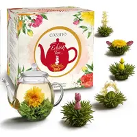 Creano theebloemen cadeauset - FLOWER DESIGN - bloementhee lenteoogst met 500ml glazen theepot & 6x witte thee - cadeau voor Valentijnsdag, Moederdag
