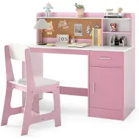 Costway Kinderbureau met stoel, houten bureau met planken, laden en kast, jeugdbureau voor kinderkamer, leertafel voor jongens, meisjes vanaf 3 jaar (roze)