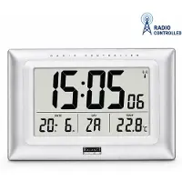 Balance - Wandklok – Zendergestuurde LCD Tafelklok – 26 x 16,5 cm – Met Datum, Dag, Temperatuur, Alarm en Snooze – Zilvergrijs