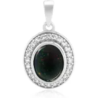 Cavill - Zilveren Hanger - 925 Sterling Zilver Geplatineerd - Ovale Mezezo Opaal 1,39 ct - 24 Cambodjaanse Zirkonia 0,59 ct - Elegant Etnisch Design