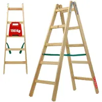 Kadax Houten ladder, bokladder tot 150 kg, opvouwbare schilderladder, dubbele trap ladder met stalen haken, elektricienieladder, staande ladder, huishoudladder (5 treden)