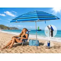 Pincho - LUXE KLEURRIJKE ALUMINIUM PARASOL Model 200 - Licht & Donker Blauw Gestreept - 8 Fiber Baleinen - Zandboor - Kantelbaar - Windvaan - UV Bescherming - Draagtas - Strandparasol - Tuinparasol