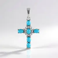 Cavill - 925 Sterling Zilver Hanger Platina Verguld - 0,87 ct Sleeping Beauty Turkoois & 0,13 ct Zirkoon - Elegante Ovale Cabochon Sieraad