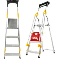 Kadax Aluminium ladder met leuning, trapladder, belastbaar tot 150 kg, ladder in 4 treden, inklapbare huishoudladder met vak voor kwast en antislipvoeten (4 treden)