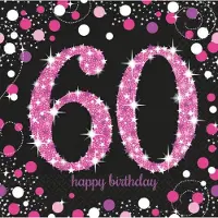 Amscan 32 Servetten - Sparkling Celebrations - Happy Birthday - Pink 60 - Sterren - Dots - Zwart - Roze - Wit - Paars - 33 x 33 cm - 2-Laags -