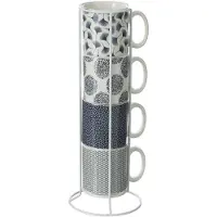 Secret De Gourmet Set van keramische koffiemokken met rek - 4 stuks, blauw, 240 mL