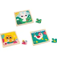 Janod - Houten puzzel - Dierenthema - 3 puzzels met 9 stukjes