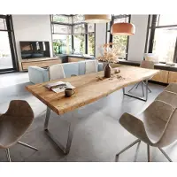 DELIFE Eettafel Edge 260x100cm XL acacia natuur roestvrijstaal zilver schuin Live-Edge