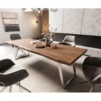 DELIFE Eettafel Edge 260x100cm XL acacia bruin roestvrijstaal zilver schuin Live-Edge