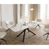 DELIFE Eetkamertafel Edge 180-220x100 keramiek Calacatta Luxe wit-goud-grijs kruisframe rechthoek zwart uitschuifbaar