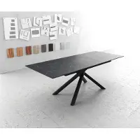 DELIFE Eettafel Edge 180-220x100cm Laminam keramiek grijs middenpoot kruis zwart