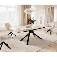 DELIFE Eetkamertafel Edge 180-220x100 keramiek Minas Melange wit-beige kruisframe rechthoek zwart uitschuifbaar