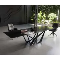 DELIFE Eetkamertafel Edge 200-300x100 Glas smelten rokerig zwart 3D-Relief spider vlak staal zwart uitschuifbaar