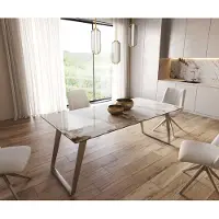 DELIFE Eetkamertafel Edge 200x100 keramiek Minas Melange wit-beige RVS schuin