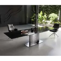 DELIFE Eetkamertafel Edge 200-300x100 Glas smelten rokerig zwart 3D-Relief Wave RVS uitschuifbaar